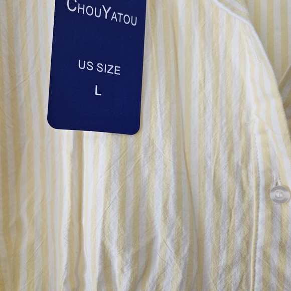 White And Yellow Stripe Button-Front Dress With Pockets - Picture 6 of 7